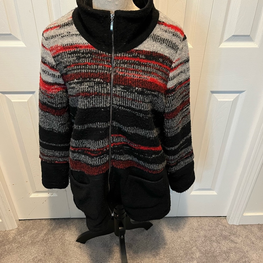Dolcezza size L wool blend Striped Zip-Up Jacket in Red, Black, and Gray
